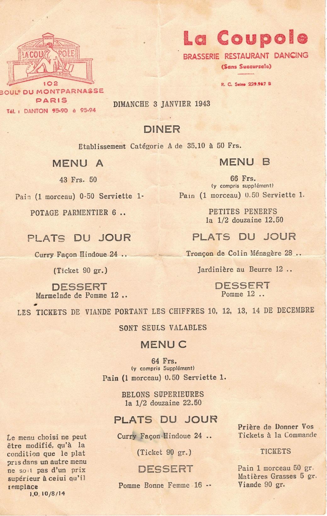 Menu du dîner de La Coupole, 3 janvier 1943