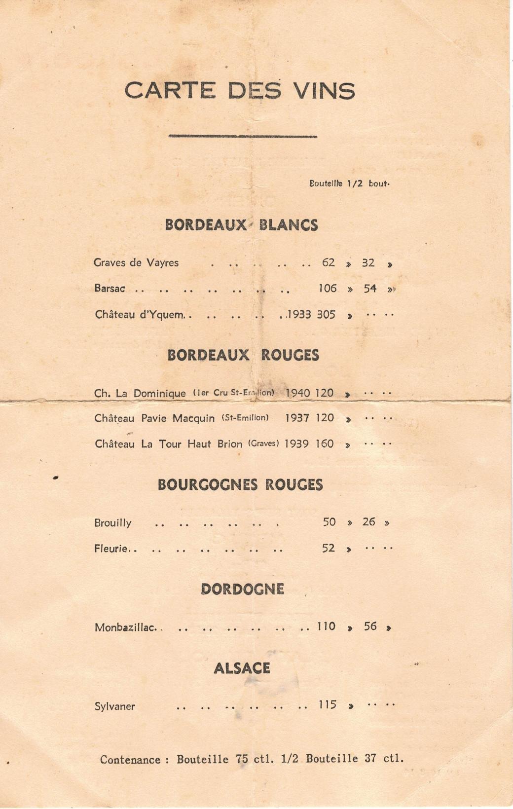 Complete La Coupole wine list, 3 January 1943