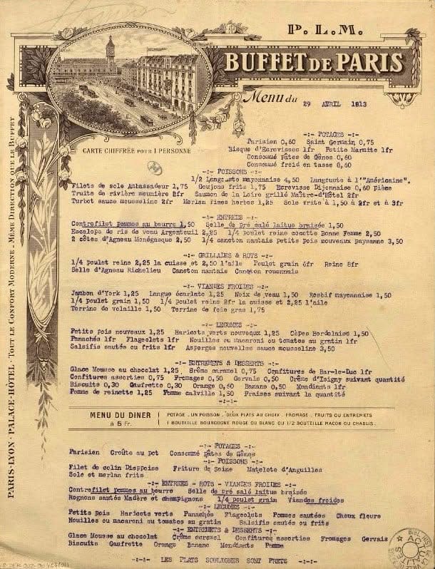 Menu du Buffet de Paris, 29 avril 1913